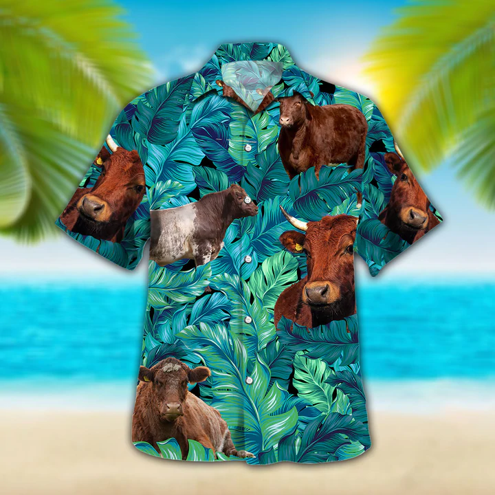 Waybackapparel Shorthorn Cattle Lovers Hawaii Cow Aloha 3D Hawaiian Shirt