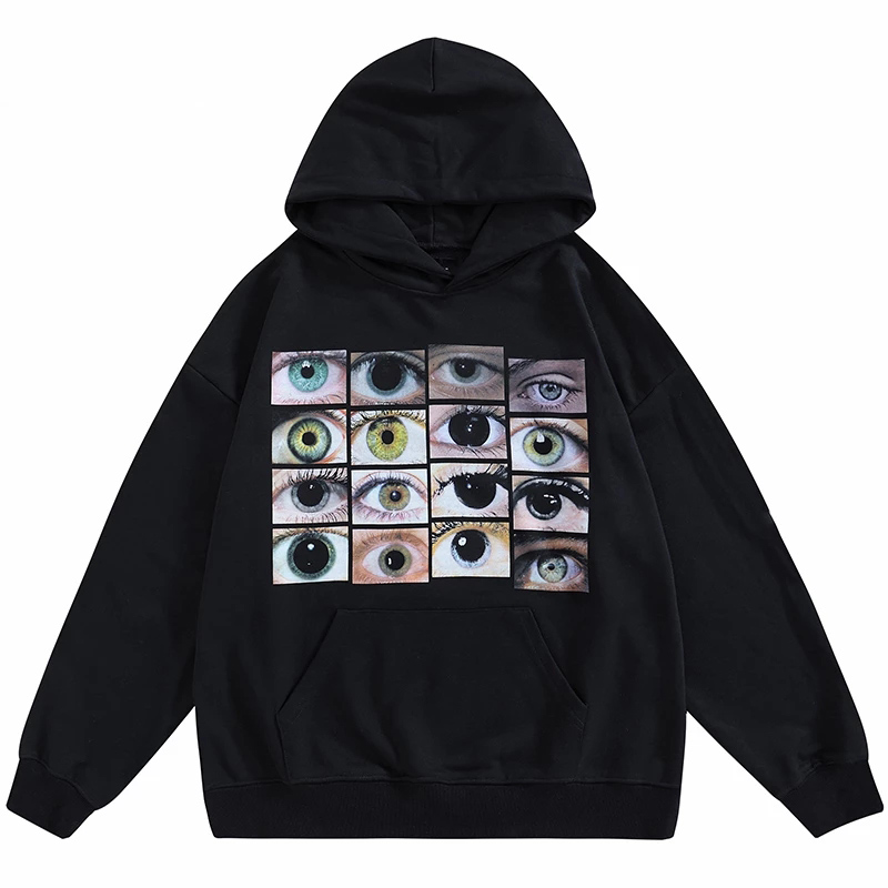 Women hip hop streetwear hooded sweatshirt with eyes print Y2K harajuku pullover autumn cotton casual hooded black sweat shirt alx