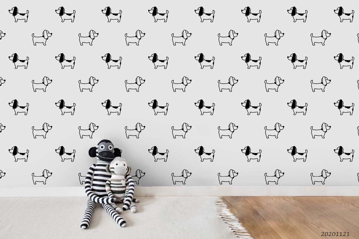 3D Cartoon Hand Drawn Black White Dog Animal Pattern Wall Mural Wallpaper Lxl