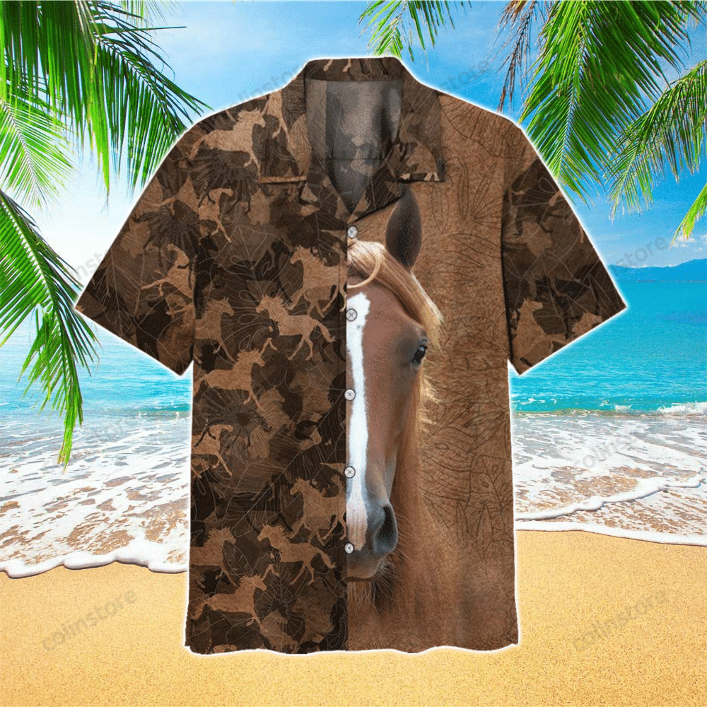 Horse Pattern Brown Hawaii Shirt Aloha Tropical Sleeve Summer All Size Ha22529