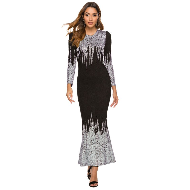 Autumn 2020 Women long Sleeves Slim Club glitterDress Casual Stretchy O Neck Trumpet Dress Elegant Bodycon Party evening Dresses alx