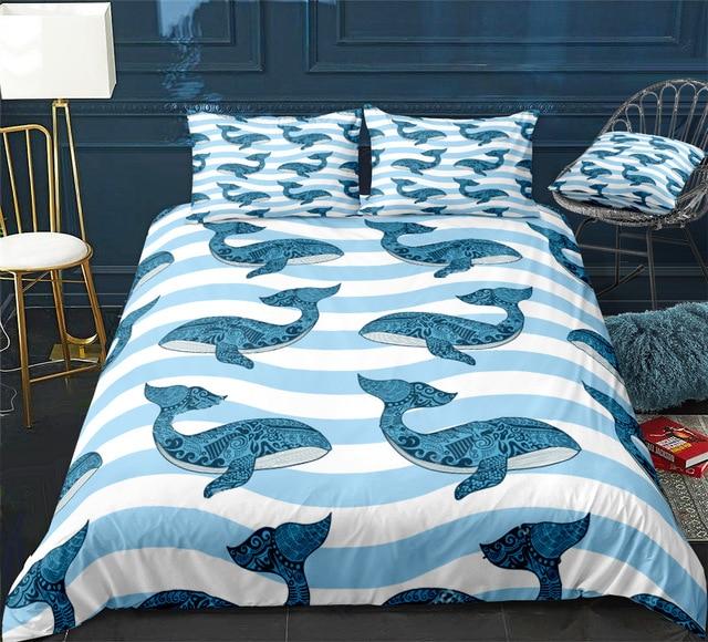 Stripe Blue Whales 3 Pieces Quilted Comforter Set