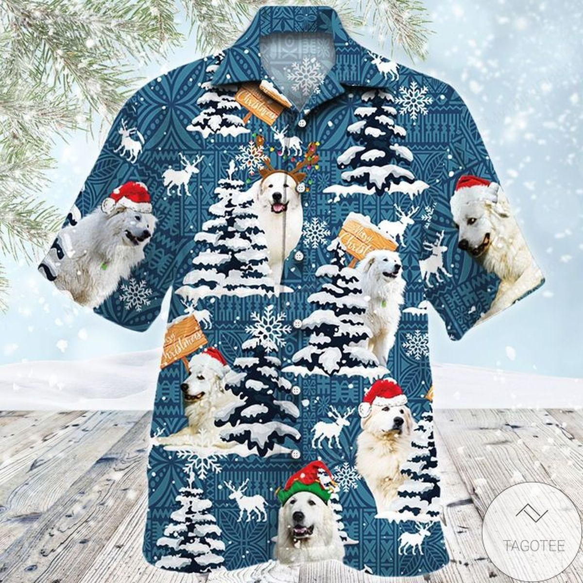 Christmas Hawaii Great Pyrenees Dog Lovers Blue Tribal Button Up Shirt For Men Ha56841