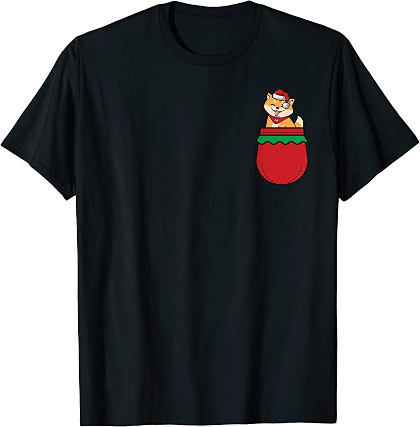 Dog In Pocket Christmas Cute Santa Hat Shiba Inu Puppy X-Mas T-Shirt