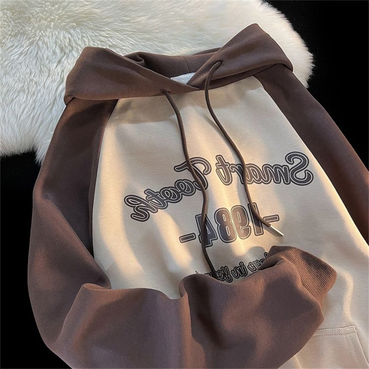 Brown Thick Patchwork Letter Print Oversized Hoodie Pullovers Sweatshirts Vintage Women Hoodies Casual Men Women 2022 Korean Top alx