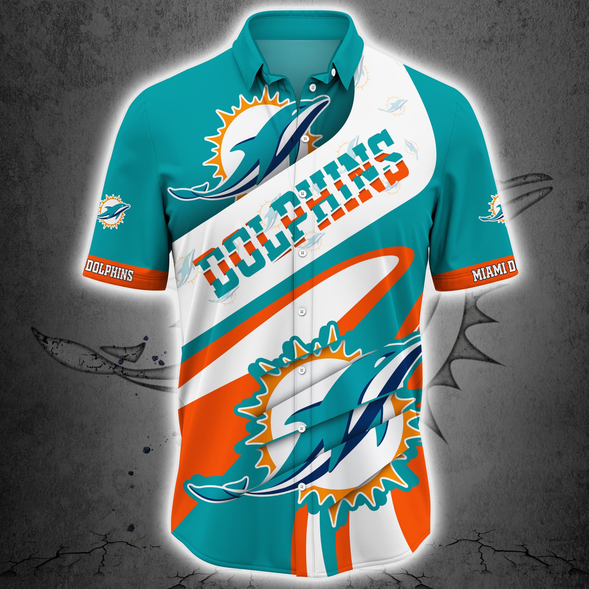 Miami Dolphins Button Up Shirt Short Sleeve Big Logo