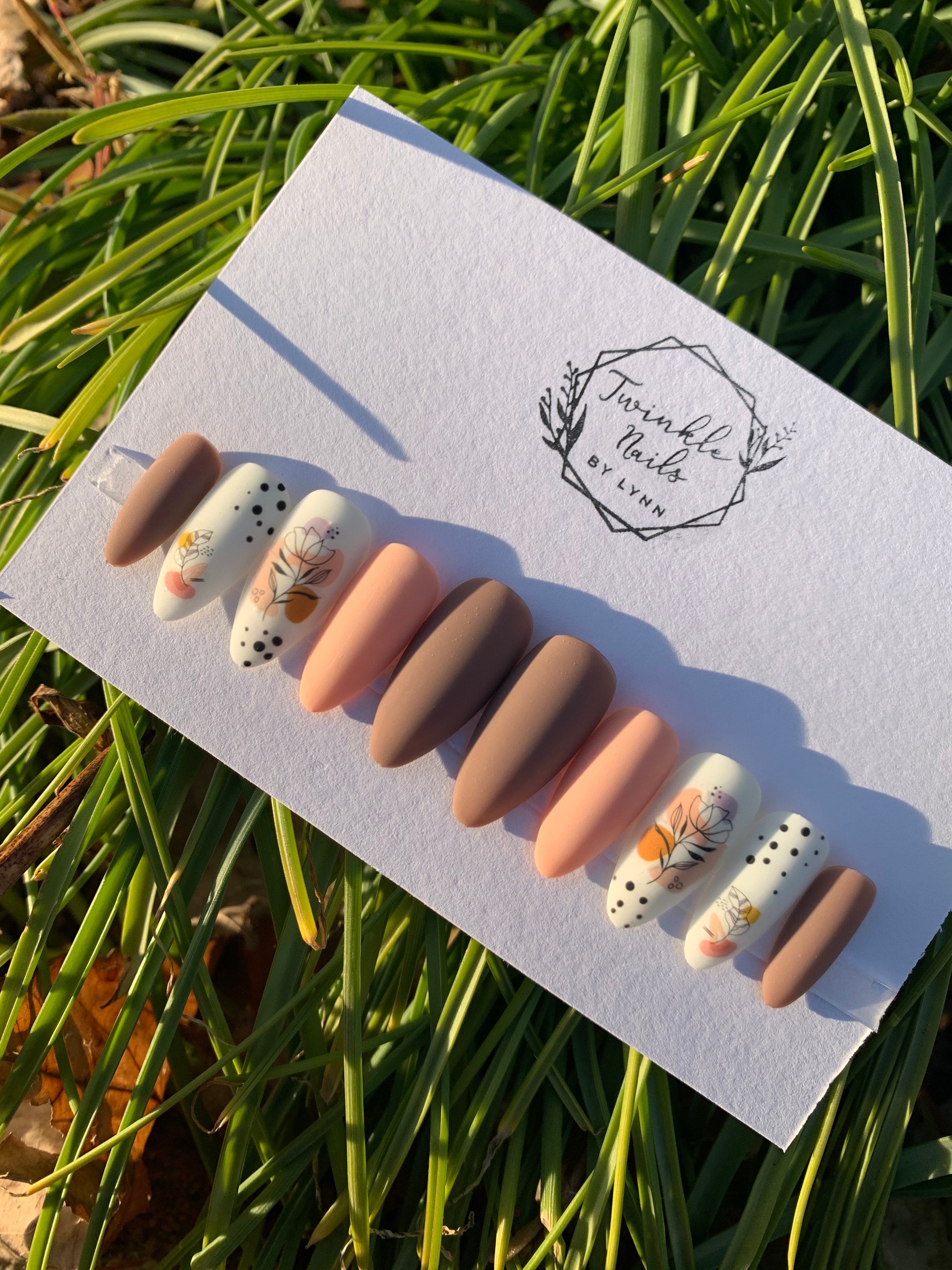 Brown and Orange Pastel Nails Design | Press On Nails | Fake Nails | Glue On Nails