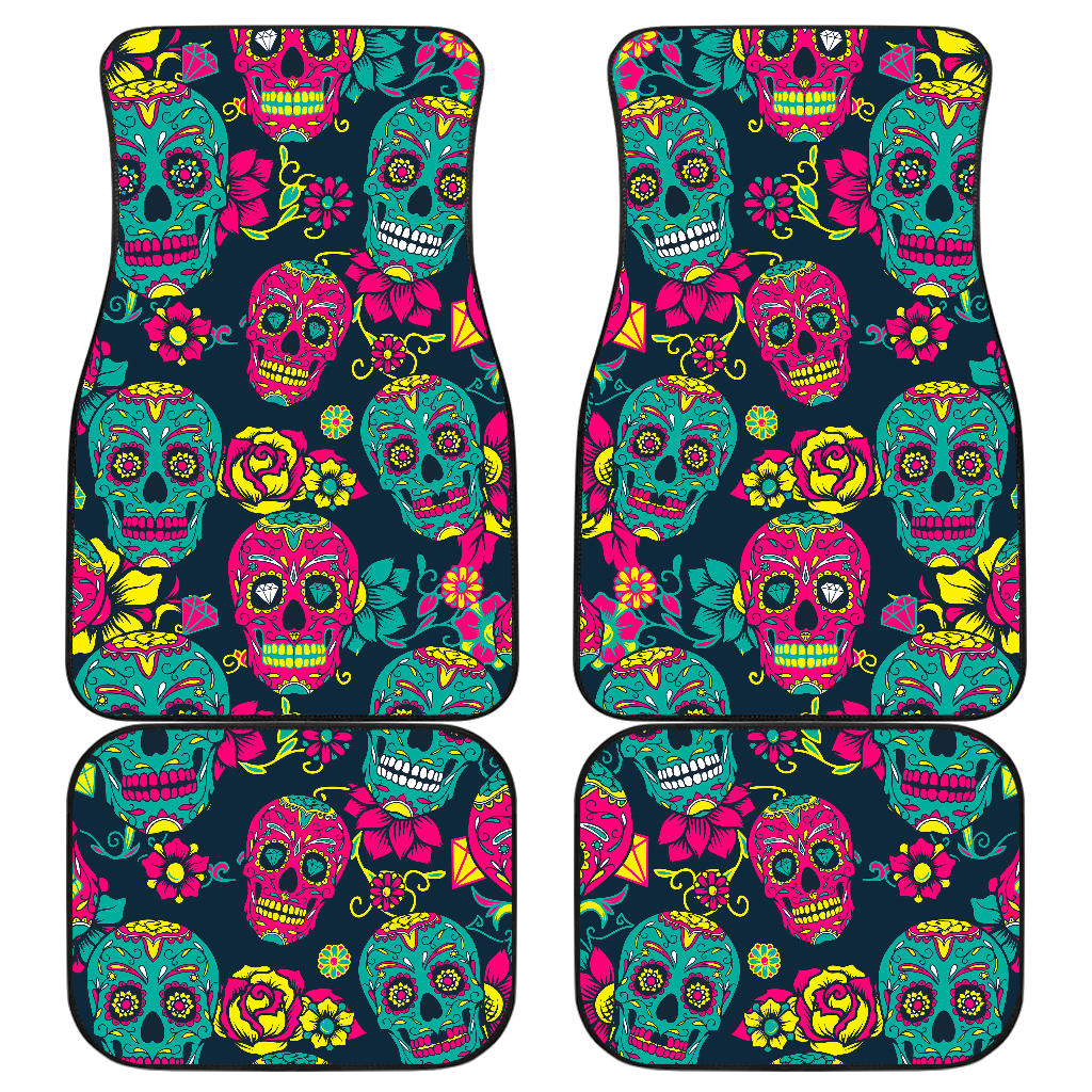 Teal Pink Sugar Skull Pattern Print Front And Back Car Floor Mats, Front Car Mat