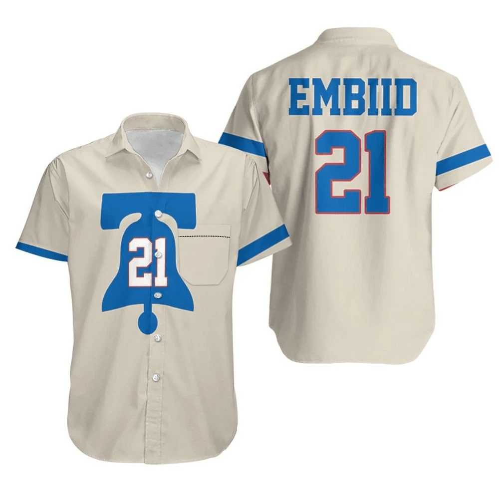 76Ers Joel Embiid 2020-21 Earned Edition Cream Hawaiian Shirt Combo Beach