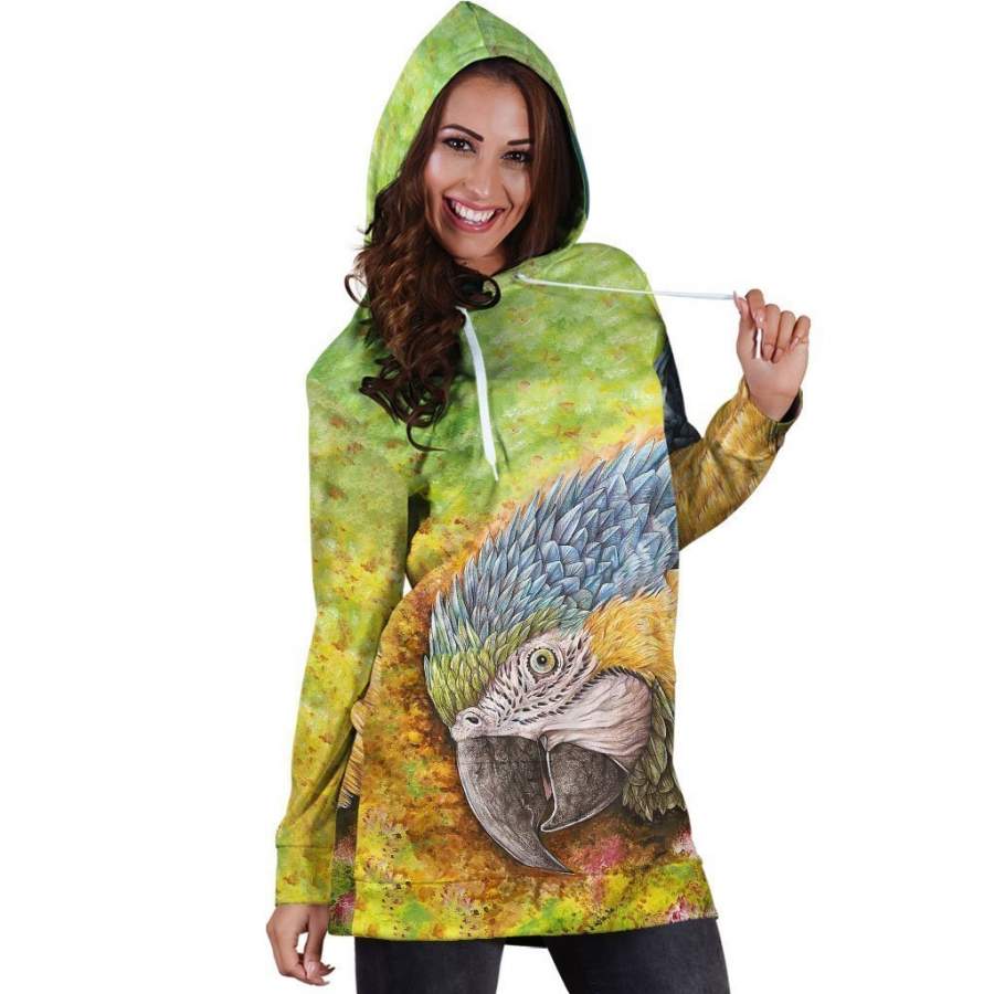 All Over Printed Parrots Hoodie Dress H2209B