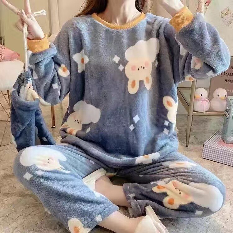 Autumn Winter New Warm Flannel Women’s Pajamas Set Long-sleeved Trousers Two-piece Set Cute Soft Home Wear Clothes for Women alx