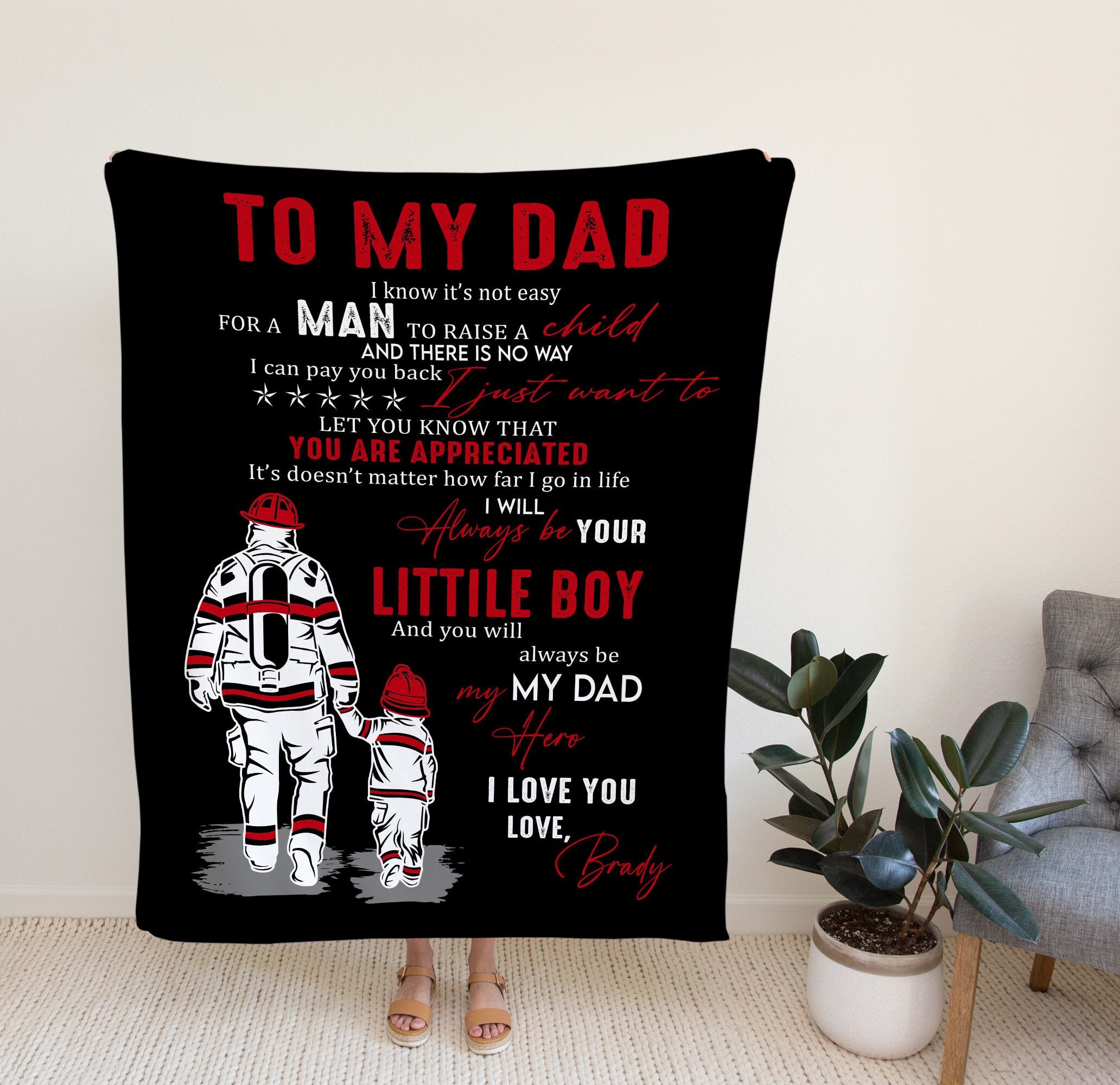 Personalized Firefighter To My Dad Thin Red Line Blanket, Custom Gift For Father, Patriot Pride, Fireman’s Lover Gift.