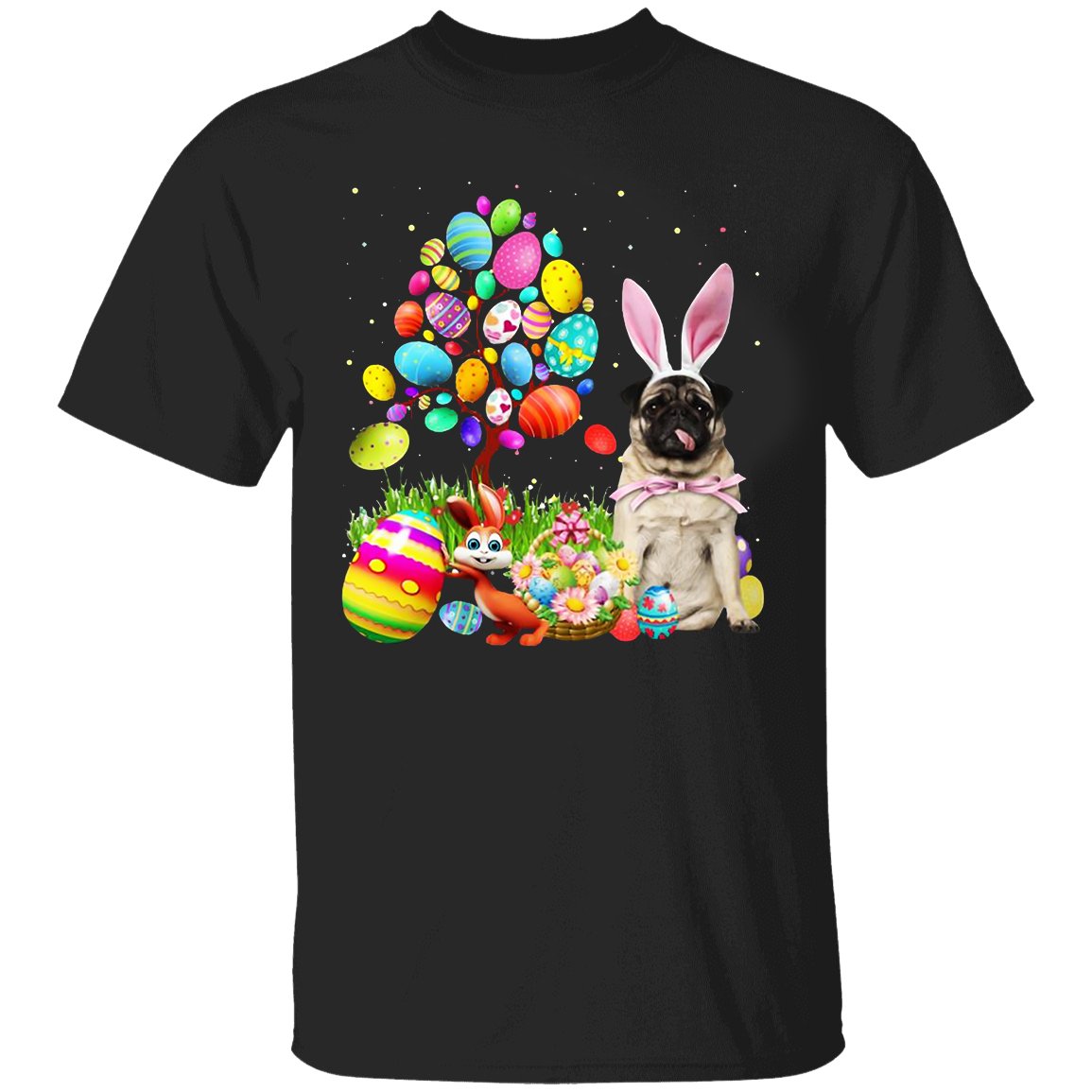 Pug Bunny Egg Tree Easter T-Shirt Cute Easter Dog Graphic Tee Shirt Gift For Girls – Standard T-shirt