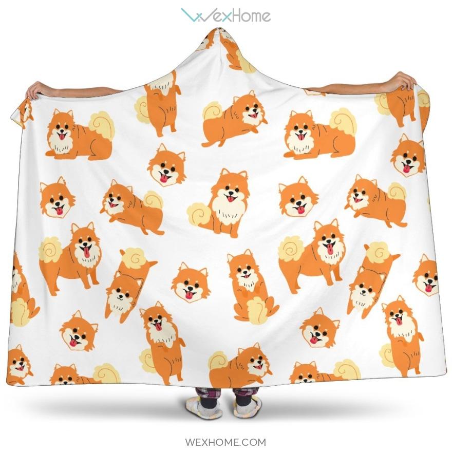 Brown Pomeranian Pattern Hooded Blanket