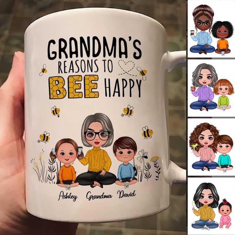 Reason To Bee Happy Doll Grandma And Grandkids Sitting Personalized Mug