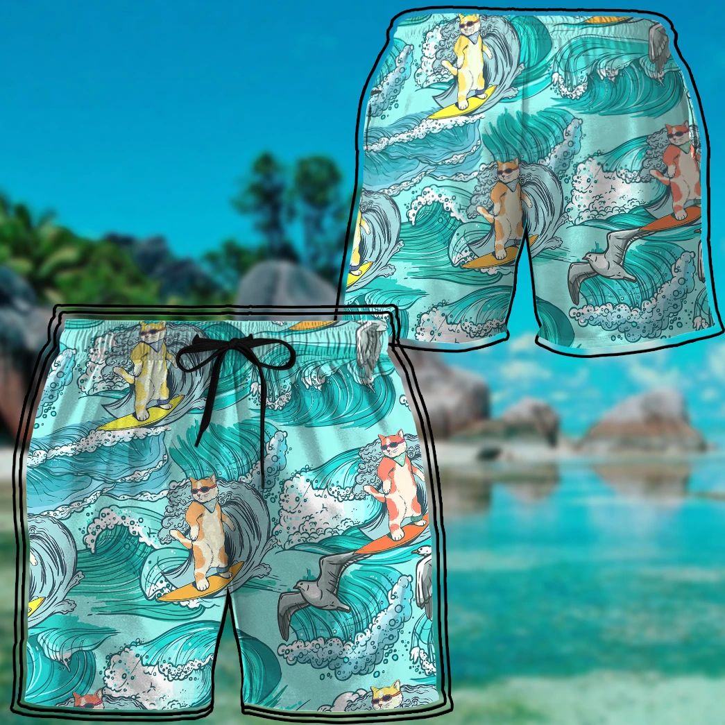 Alohazing Cat Surfing Hawaiian Beach Shorts Ha15113