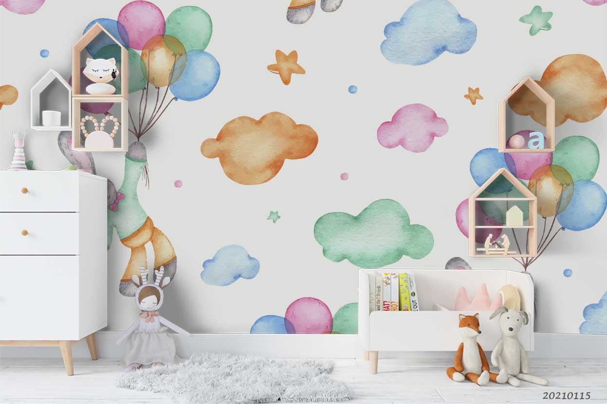 3D Hand Drawn Cloud Bunny Balloon Wall Mural Wallpaper Lqh 150