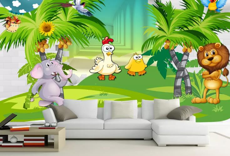 3D Cartoon Forest Coconut Tree Animal Wall Mural Wallpaper Lqh 260