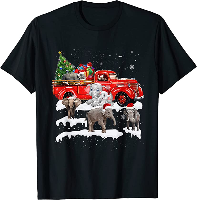 Red Truck Riding Elephants Santa Hat Xmas Tree Light Holiday T-Shirt