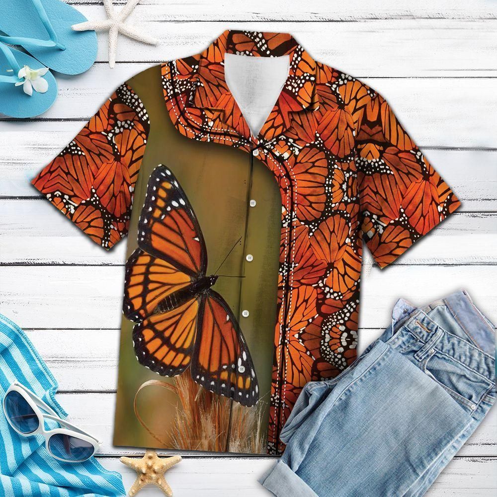 Abstract Monarch Butterfly Orange Aloha Hawaiian Shirt Colorful Short Sleeve Summer Beach Casual Shirt For Men And Women