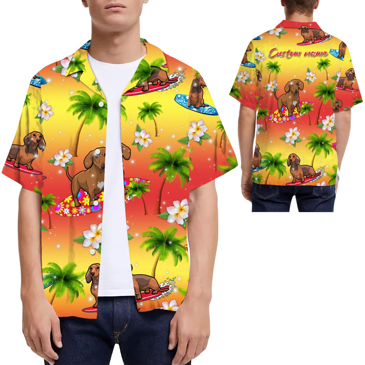 Surfing Dachshund Coconut Tree Custom Name Men Hawaii Shirt For Dog Lovers Ha88792