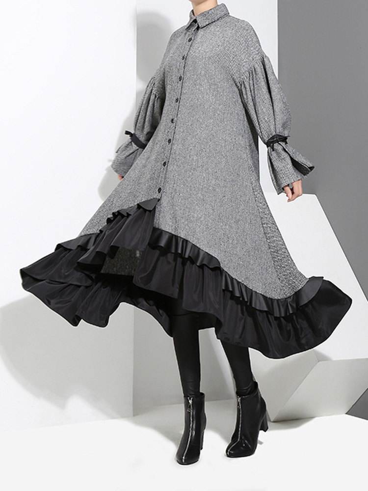 [EAM] 2022 New Spring Lapel Long Sleeve Bandage Solid Color Gray Big Hem Irregular Loose Dress Women Fashion Tide JD717 alx