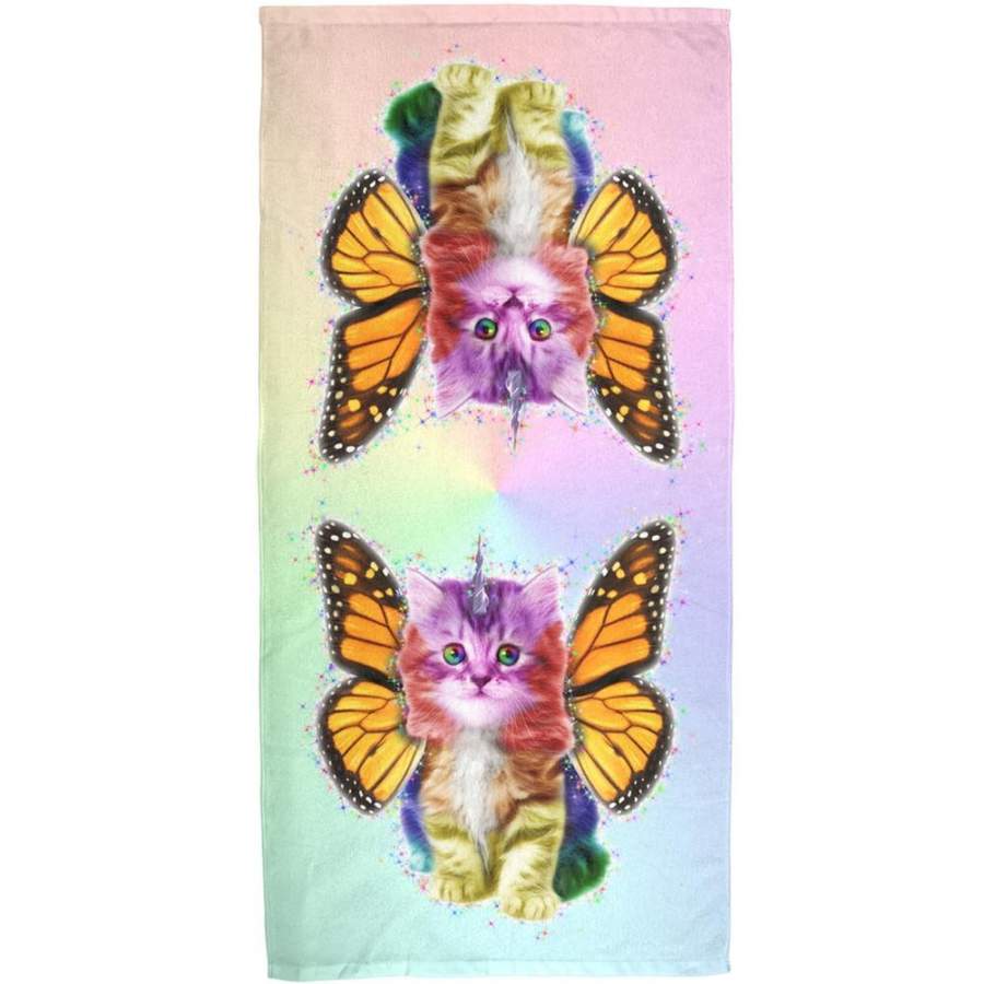 Rainbow Butterfly Unicorn Kittens All Over Bath Towel