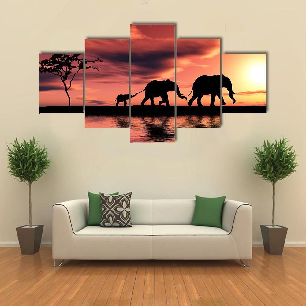 Black Elephant Silhouettes By A River Animal 5 Panel Canvas Art Wall Decor