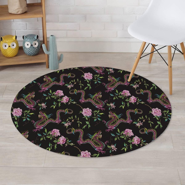 Floral Janpanese Dragon Print Round Rug