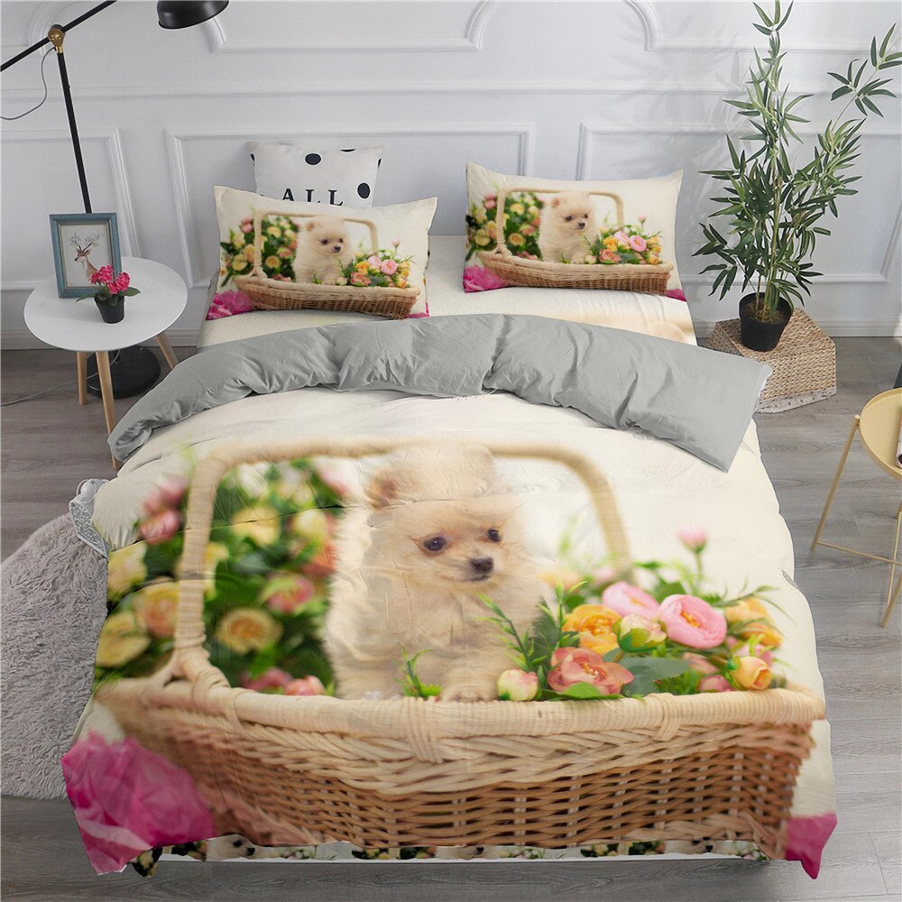 Dog Puppy 3D Bedding Set Fashion Luxury High-End Bedclothes For Lady Cute Pet Pomeranian Duvet Cover Set Queen King Siz