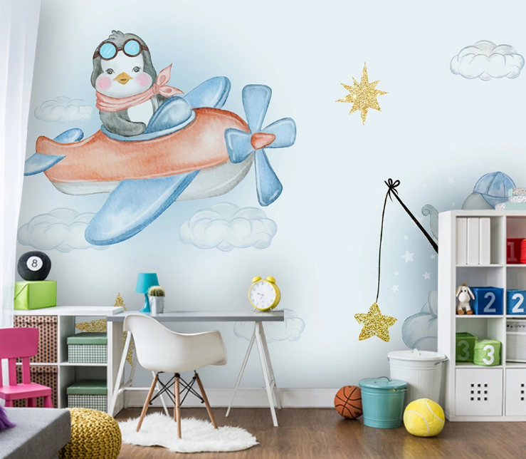 3D Blue Penguin Elephant Plane Wall Mural Wallpaper Sf14