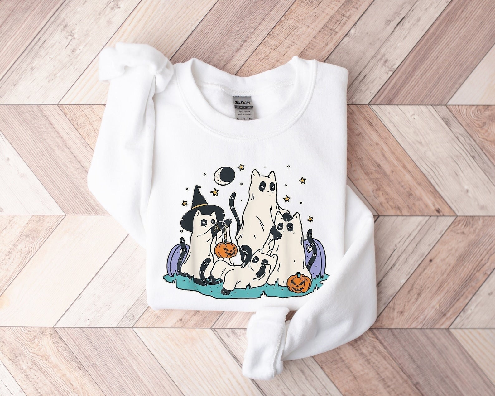 Ghost Cat Halloween Sweatshirt 2D Crewneck Sweatshirt All Over Print Sweatshirt For Women Sweatshirt For Men