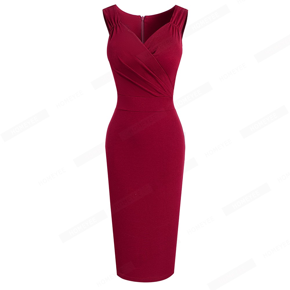 Women Sexy Charming Pure Color Sleeveless Low Cut Shirring Wrap Bodycon Pencil Dress EB669 alx