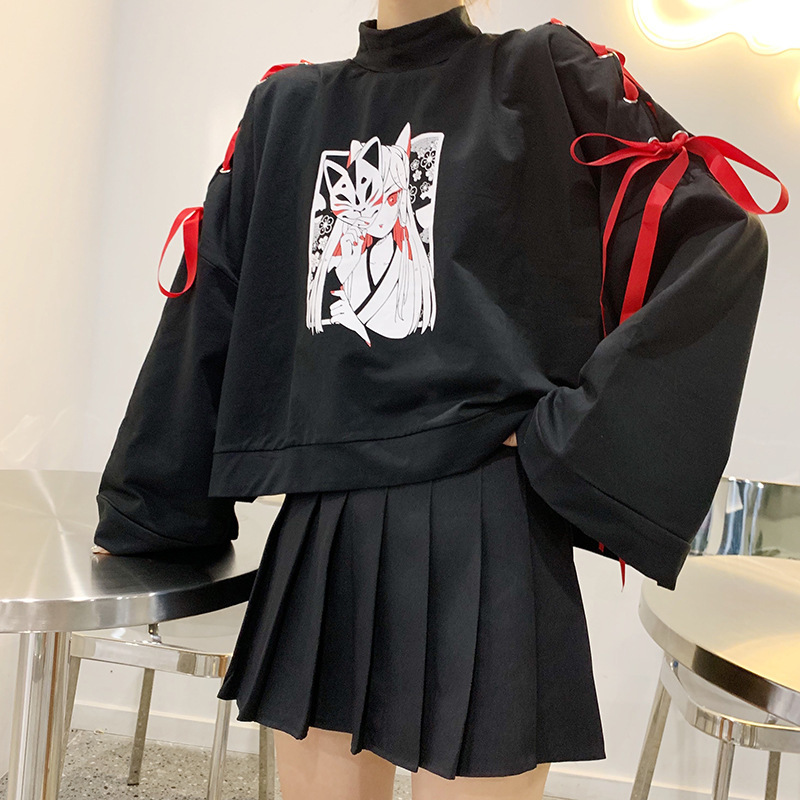 Spring Japanese Cartoon Fox Girl Print Hoodie Harajuku Women Gothic Ribbon Lace Up Flare Sleeve Kawaii Thin Pullover Sweatshirt alx