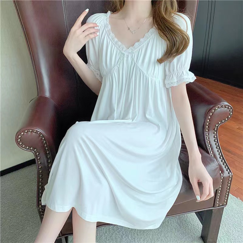 Women’s Sleep & Lounge New Soft Women Sleep Skirt Cotton Short Sleeves Nightdress Black Luxury Ladies Shirt Casual Home Dress alx