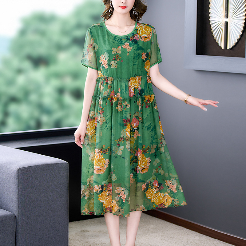 2022 Floral Natural Silk Midi Dress Summer Short Sleeve Fashion Light Beach Sundress Women Korean Elegant Bodycon Party Dresses alx