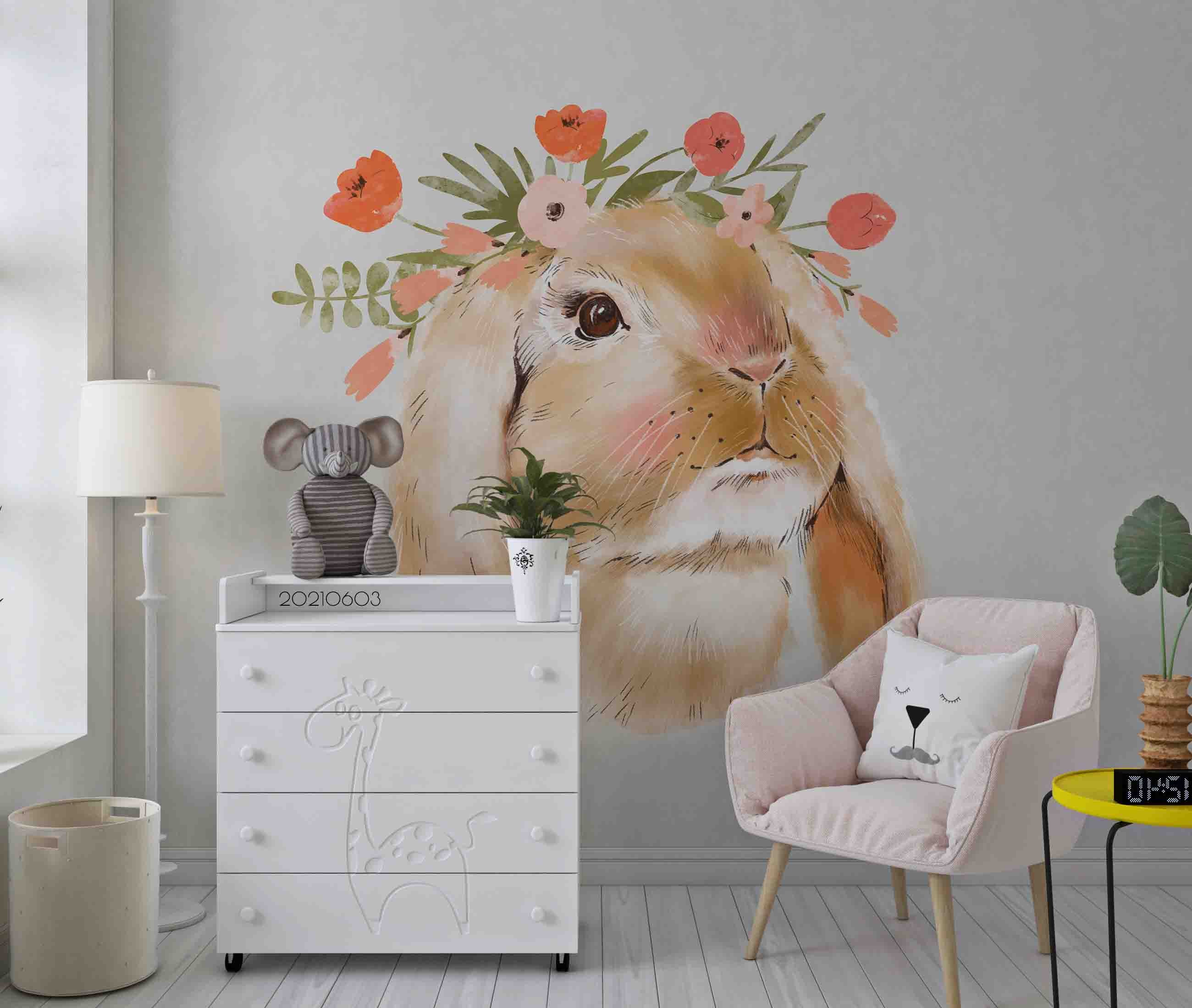 3D Bunny Floral Cartoon Watercolor Wall Mural Wallpaper Sww575