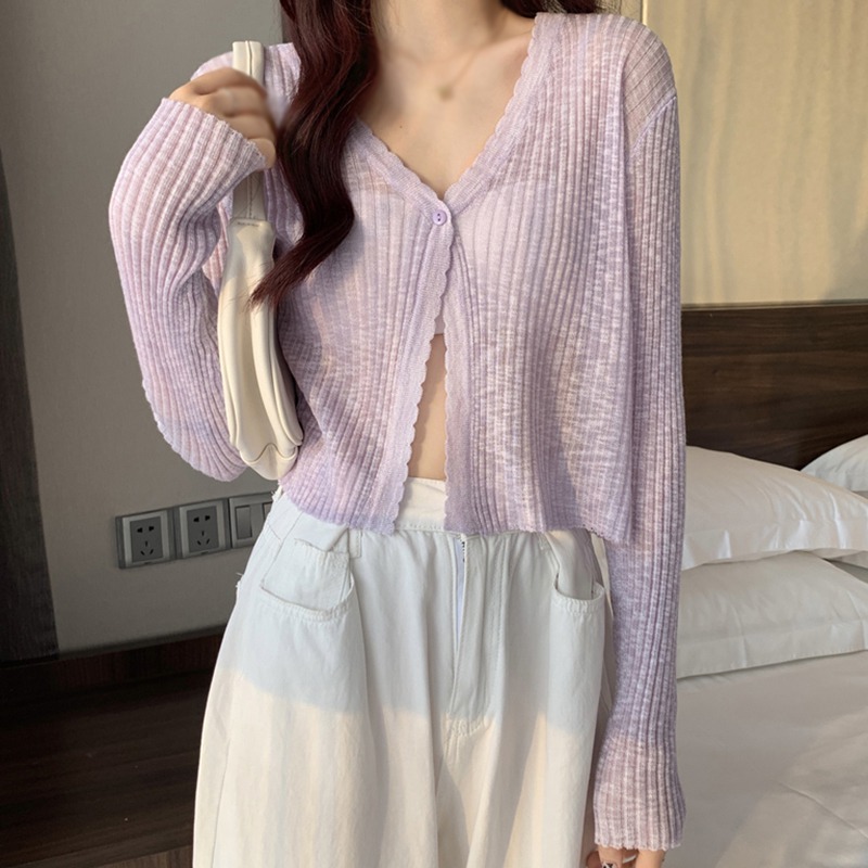 Women Solid Knitting Silk Cardigan Ultra-thin Ice Summer Autumn Waves Outside Sun Taps V-neck Short Tops Sweaters alx