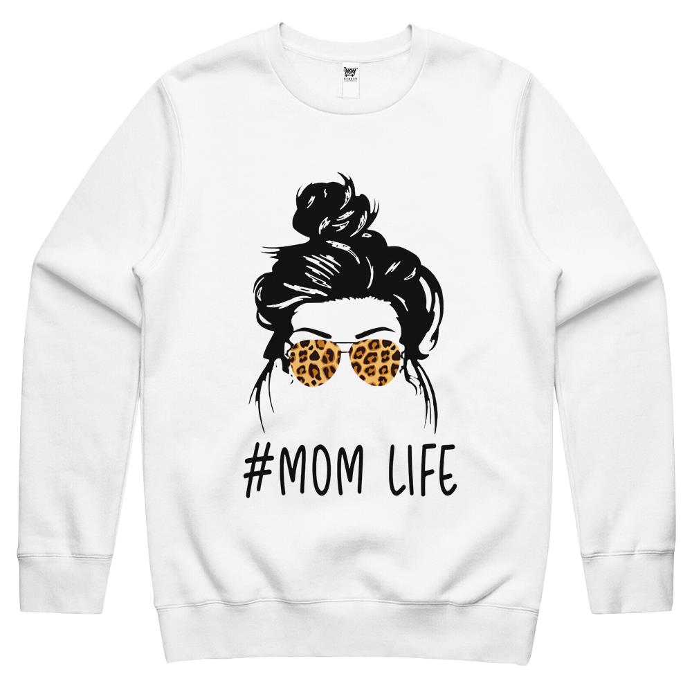 Classy Mom Life With Leopard Pattern Shades & Cool Messy Bun Crewneck Sweatshirt