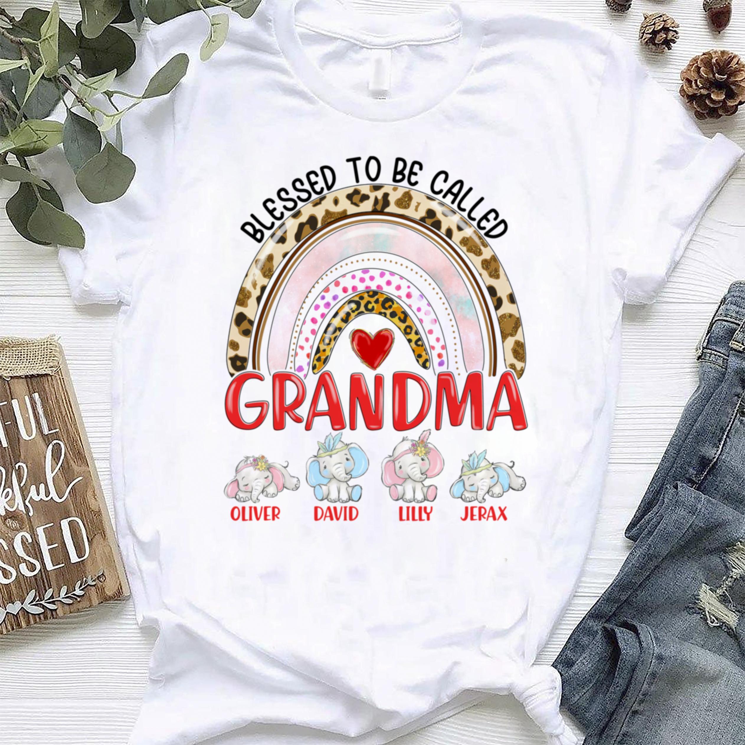 Personalized T-Shirt Happiness Is Being A Grandma Rainbow Printed Polka Dot & Leopard Style Custom Grandkids Name