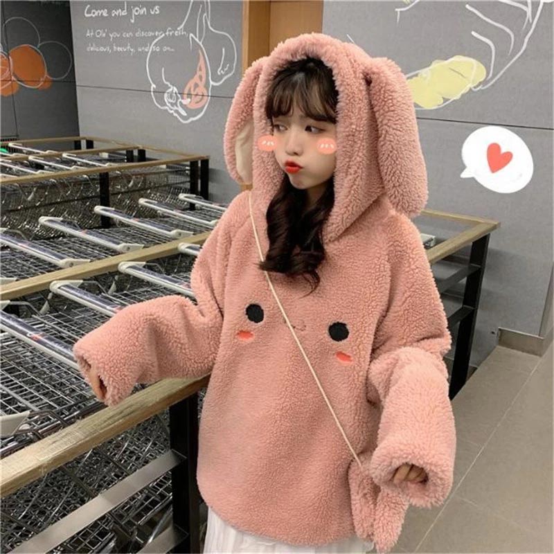 Anbenser Cute Bunny Warm Hoodies Women Long Sleeve Sweet Kawaii Rabbit Bag Hooded Female Oversize Loose Casual Sweatshirts S-2XL alx