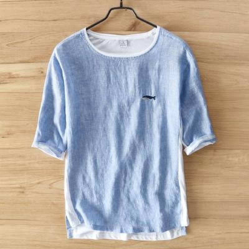 Men Whale Embroidery Cotton Linen O-neck T-shirt