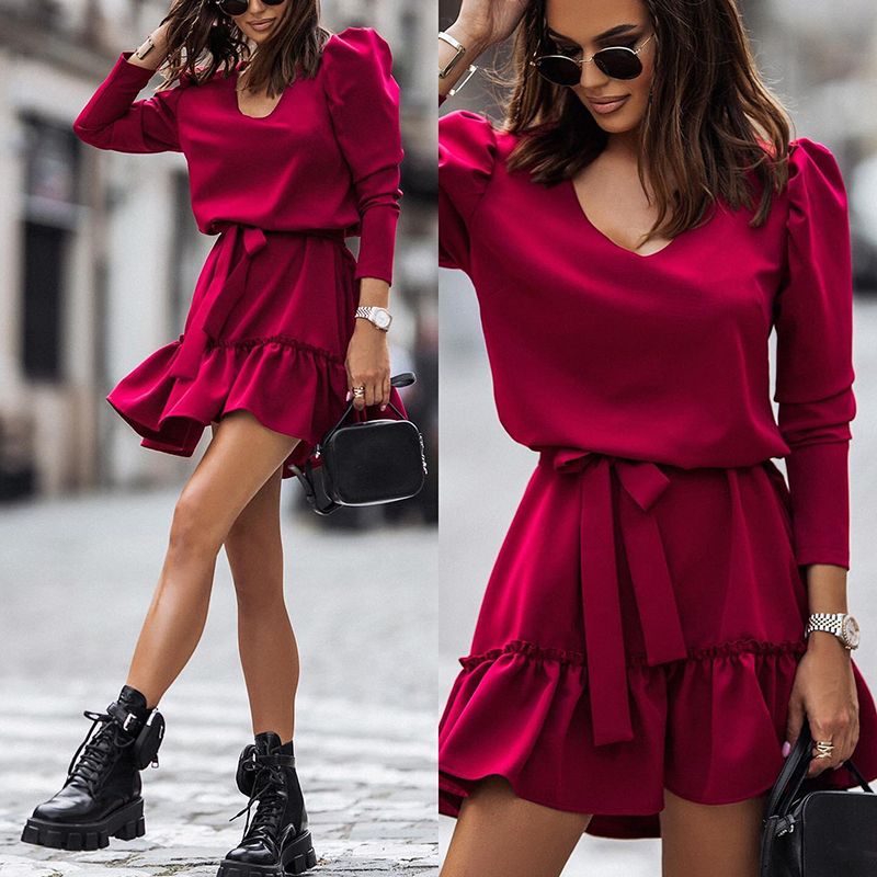 Fashion Ruffle Lace-up Waist Office Dress Elegant V Neck Solid A-Line Mini Dresses Autumn Spring Casual Long Sleeve Party Dress alx