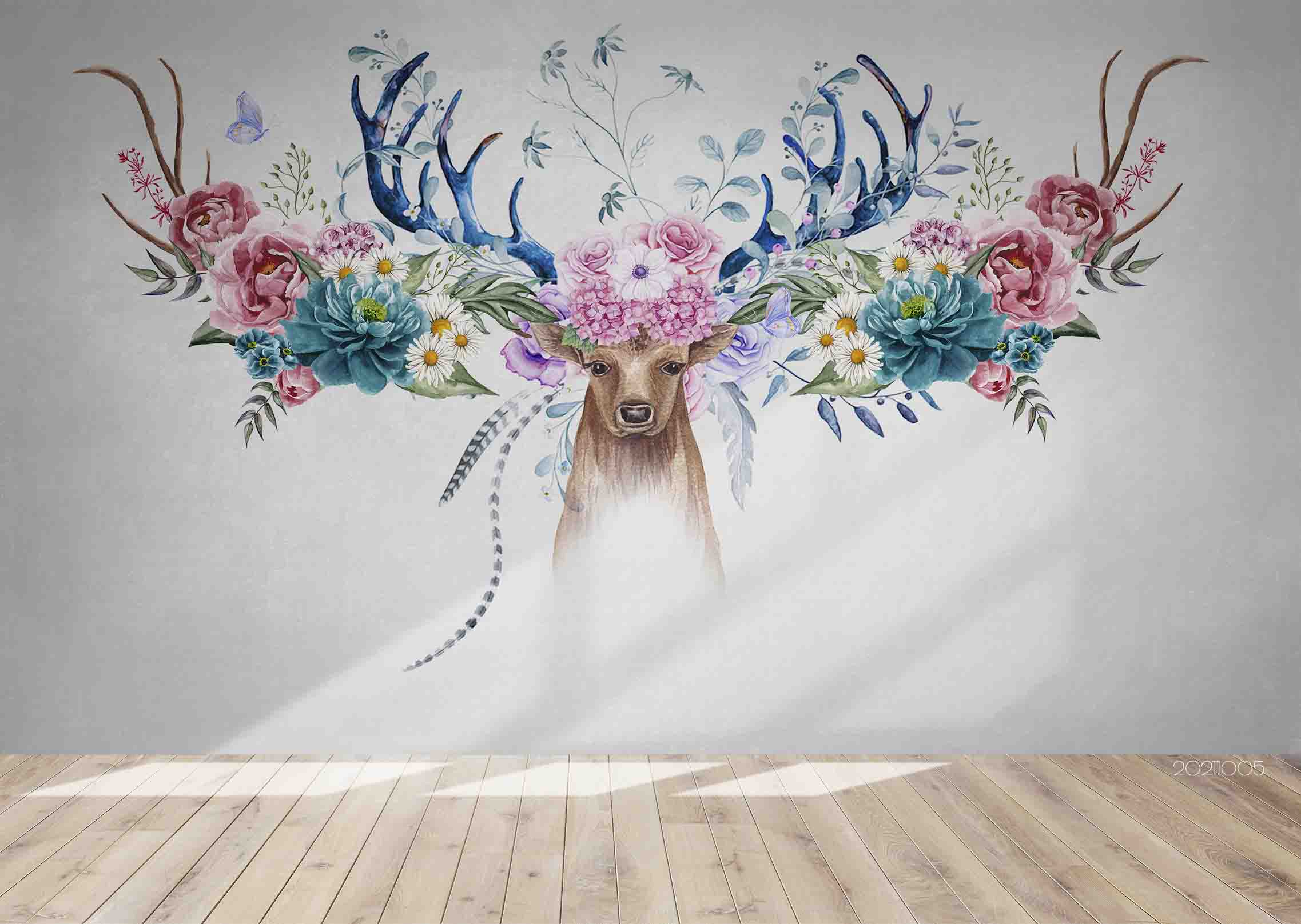 3D Hand Drawn Animal Elk Floral Wall Mural Wallpaper Lqh 555