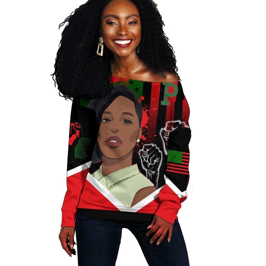 Wonder Print Shop Sweatshirt – African American Flag Patrisse Cullors Women Off Shoulder