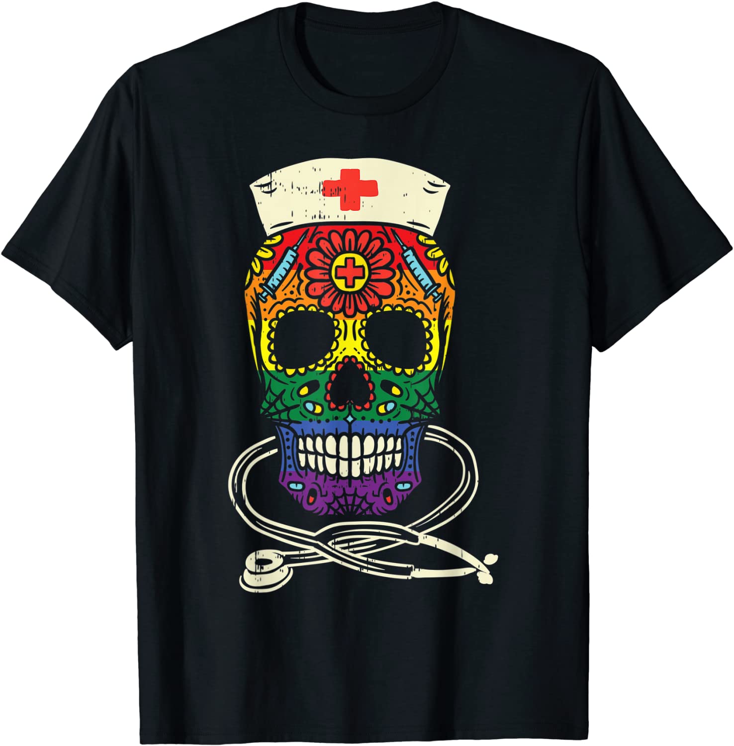 Rainbow Nurse Sugar Skull Mexican Gay Pride Flag Lgbt Gift T-Shirt