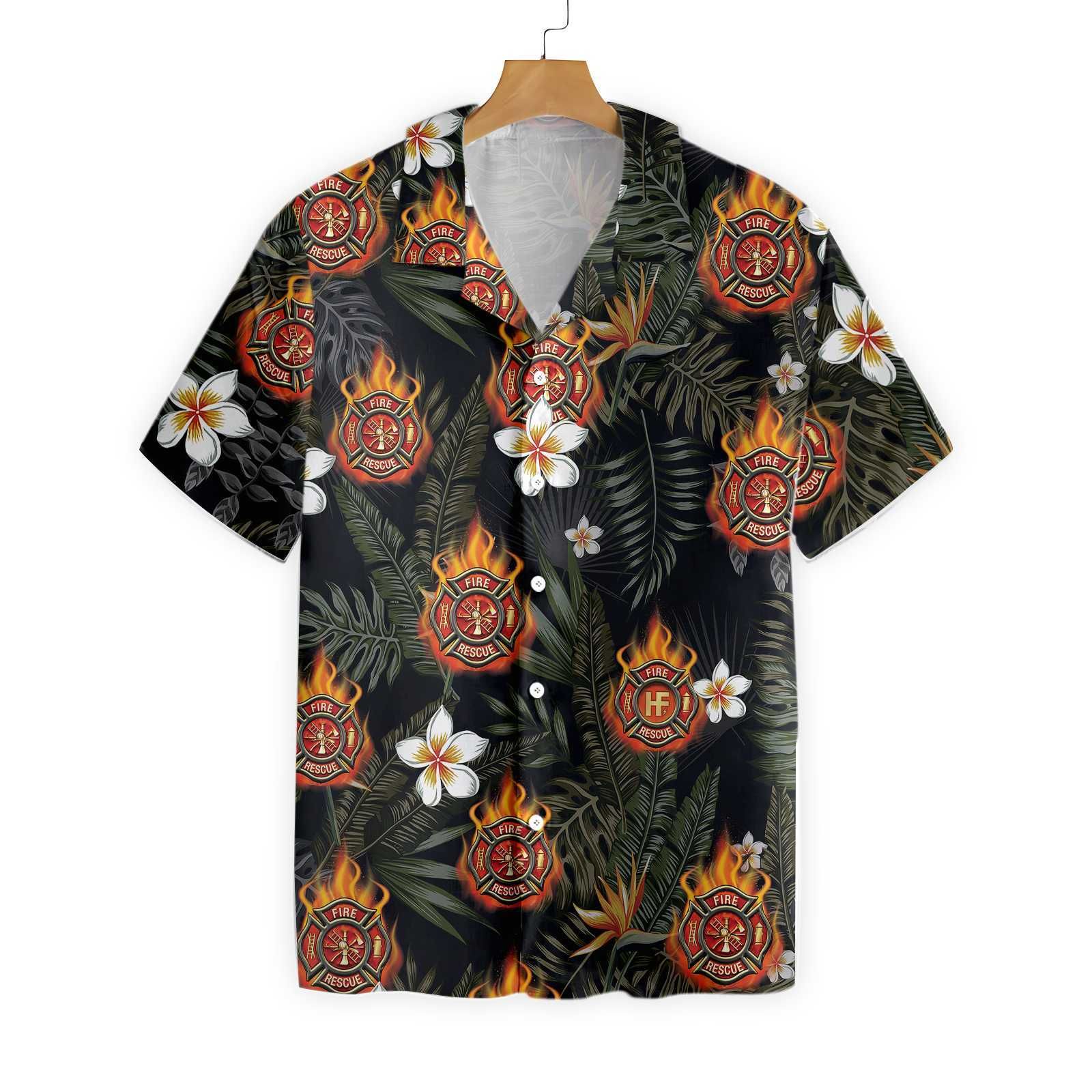 Firefighter Logo And Black Tropical Seamless Ez24 1501 Hawaiian Shirt