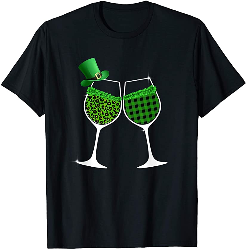 St Patrick’s Day Leopard Plaid Wine Glass Clover Wine Lovers T-Shirt