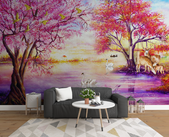 3D Watercolor Tree Animal Elk Wall Mural Wallpaper Lqh 129