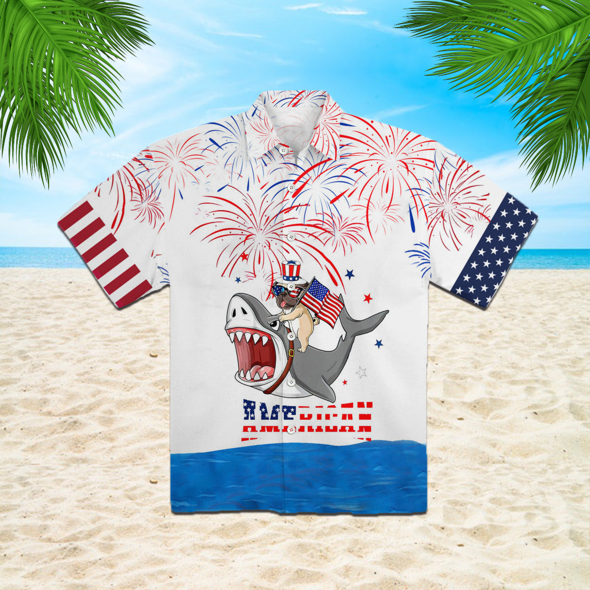 Puppy Riding Shark With American Flag Firework Hawaiian Shirt | For Men & Women | Hw951